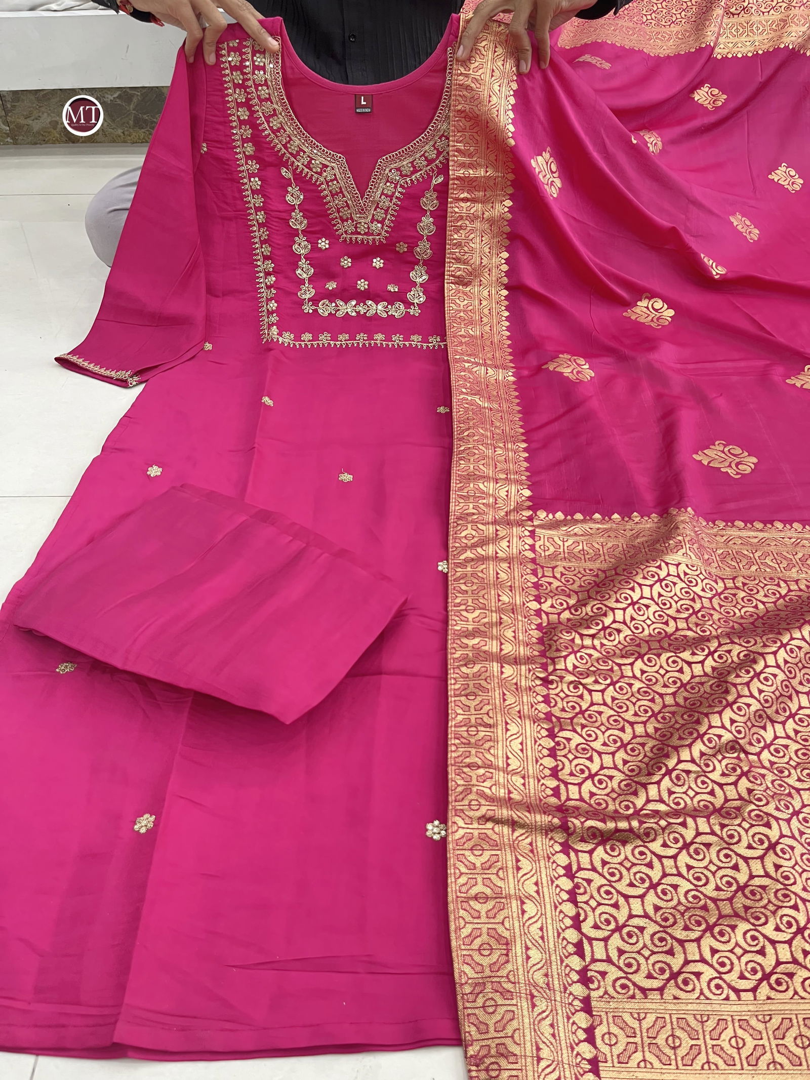 MT Chanderi Silk Embroidery Kurti With Bottom Dupatta Wholesale Shop In Surat
